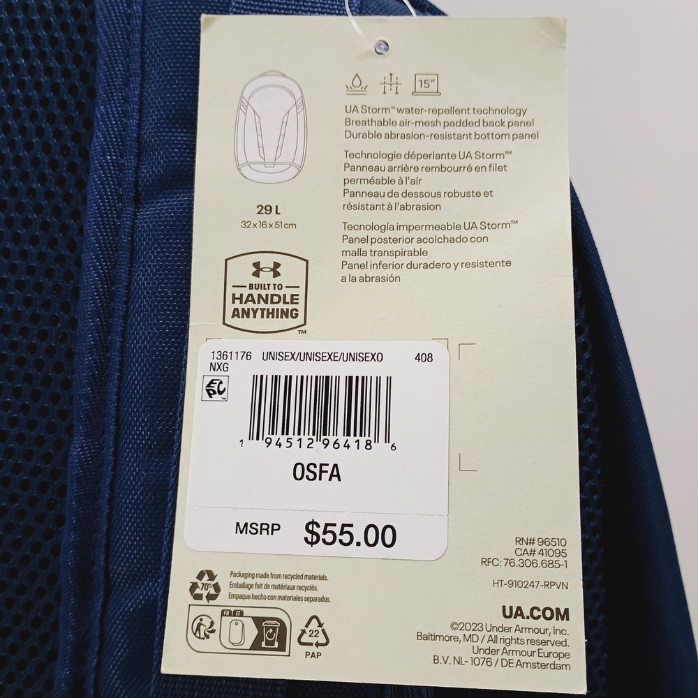 Under Armour Hustle 5.0 Backpack Navy Blue UA Storm Laptop Bag 1361176-408 OSFA - Picture 3 of 15